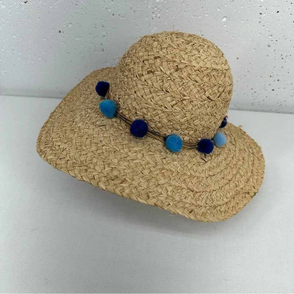 Pool to Party by Subtle Luxury Wide Brim Straw Floppy Sun Hat with Blue Pom Poms